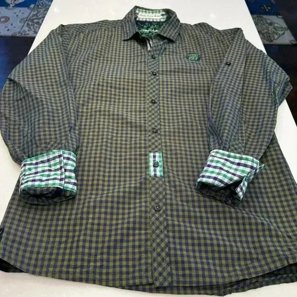 Artisti Industrie Italy Checkered Long Sleeve Button Up Green & Navy Cotton Sz L - Picture 11 of 11